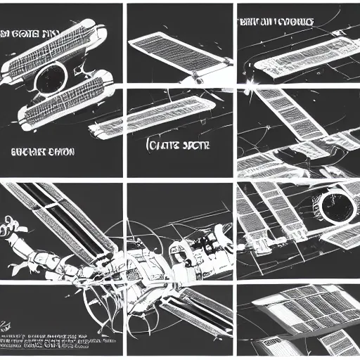 Image similar to top view, side view and front view of a science fiction space station, concept art, digital art