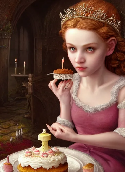 Image similar to highly detailed closeup portrait of an irish fairytale medieval princess eating cake, unreal engine, nicoletta ceccoli, mark ryden, lostfish, earl norem, global illumination, god rays, detailed and intricate environment