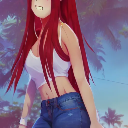 Image similar to nagatoro using white and red tight raglan sleeves, tight blue jeans and cool shoes in a tropical forest, epic fire ombre hair, artstation, 3 d ray tracing, lumen octane render flawless masterpiece