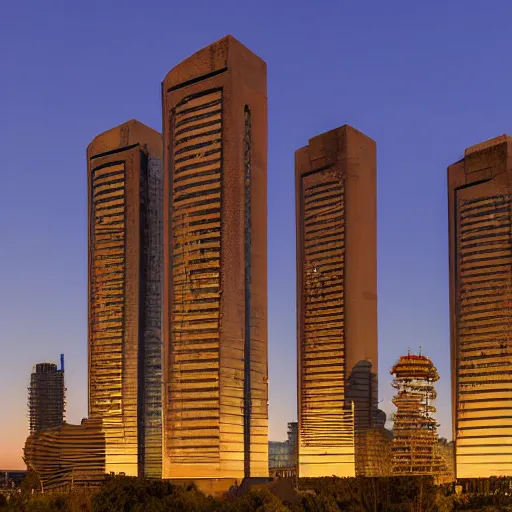 Image similar to a wide shot of a sci - fi beautiful neo - brutalist monumental multi - building structure, tall buildings with spaceship parking lots on top, with many rounded elements sprouting from the base tower creating a feel of an organic structure, photography shot at blue hour