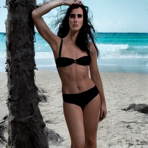 Image similar to Full Body Portrait Photography of young jennifer connelly poses in 2 Piece Mini Micro Push Up Swimsuits at summer beach, confident pose, fierce expression, intricate details, detailed face, detailed illustration, impressive lighting, symmetrical features, ultra detailed, Fuji Film x100t Camera, 12 megapixels