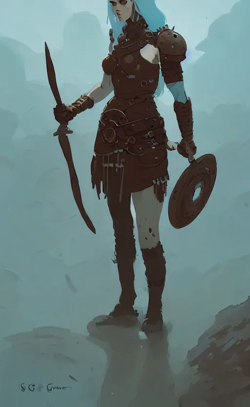 Image similar to female celtic warrior by atey ghailan, by greg rutkowski, by simon stalenhag, by greg tocchini, by james gilleard, by joe fenton, by kaethe butcher dynamic lighting, gradient light blue, brown, blonde cream and white color scheme, grunge aesthetic