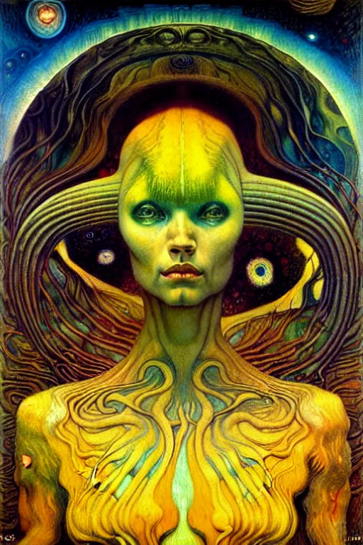 Image similar to Atypical Alien by Karol Bak, Jean Delville, William Blake, Gustav Klimt, and Vincent Van Gogh, visionary