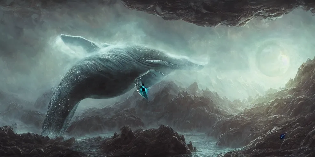 Image similar to concept art of giant whale, lava rocks, lovecraftian, renaissance, roaring, melting horror, round moon, rich clouds, fighting the horrors of the unknown, overgrown forest, very detailed, volumetric light, mist, fine art, decaying, textured oil over canvas, epic fantasy art, very colorful, ornate scales