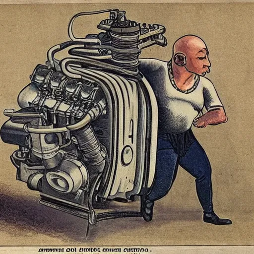 Image similar to a muscular bald man carrying engines on his back, technical diagram, diesel engine, gasoline engine, combustion engine