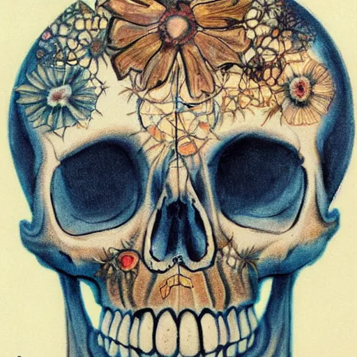 Prompt: A beautiful body art of a skull that is part organic, part mechanic. It is an accurate representation of how the artist sees the world. warm blue by Marjorie Miller unified, kaleidoscopic