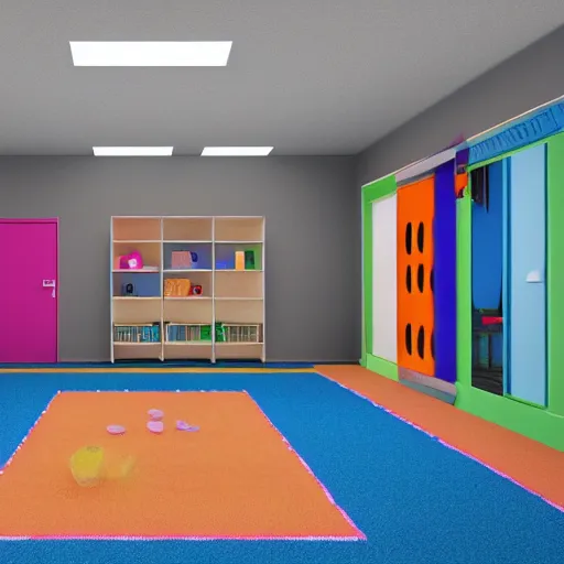 Image similar to empty kindergarten, in style of backrooms, liminal spaces, hyperrealistic, 4k,