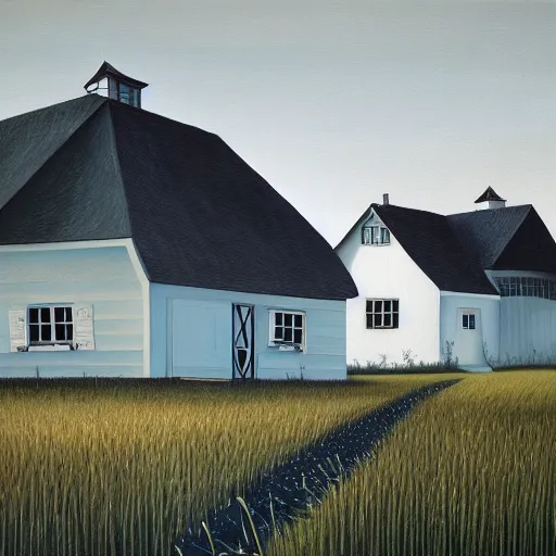 Prompt: a painting of a farm house, an ultrafine detailed painting by rafal olbinski, behance contest winner, pop surrealism, detailed painting, very detailed, minimalist, skeuomorphic, airbrush art