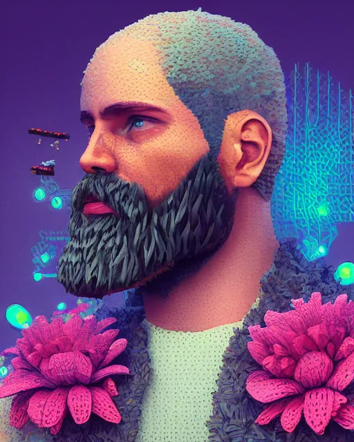 Prompt: a realistic ultradetailed digital painting of a man with flowers in his beard, profile, cyberpunk art by beeple, behance contest winner, retrofuturism, voxel art, # pixelart, dystopian art