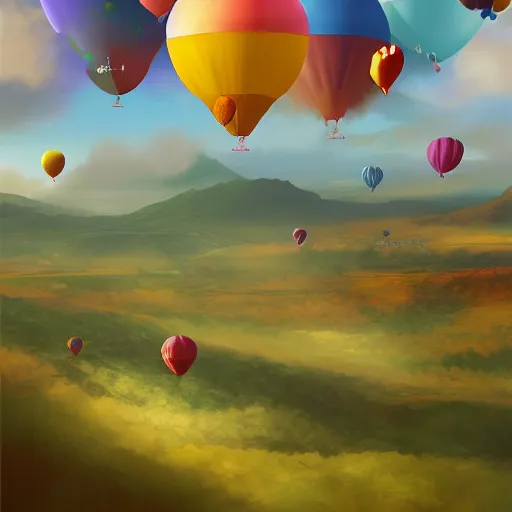 Image similar to digital art of plenty of giant birthday balloons floating above a beautiful landscape. artstation cgsociety masterpiece