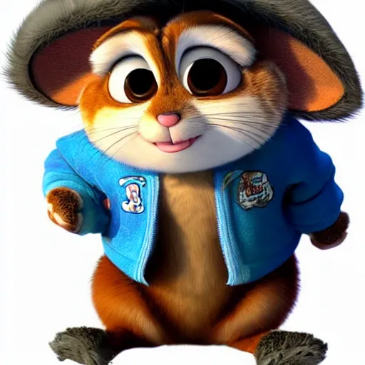 Prompt: very cute kid\'s film character anthropomorphic chinchilla, disney pixar Zootopia character concept artwork, 3d concept, detailed fur, chinchilla animal wearing a baseball cap and coat, fluffy very furry, bushy tail