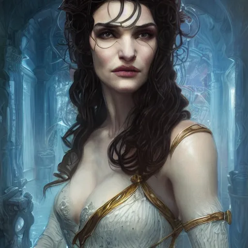 Prompt: a portrait of rachel weisz as a sorceress, urban motifs, intricate, elegant, highly detailed, digital painting, trending on artstation, concept art, smooth sharp focus, illustration, art by artgerm and greg rutkowski