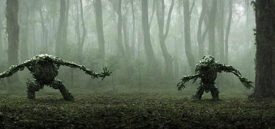 Image similar to a complex organic fractal 3 d metallic symbiotic ceramic humanoid megastructure creature in a swampy lush forest, foggy, cinematic shot, photo still from movie by denis villeneuve