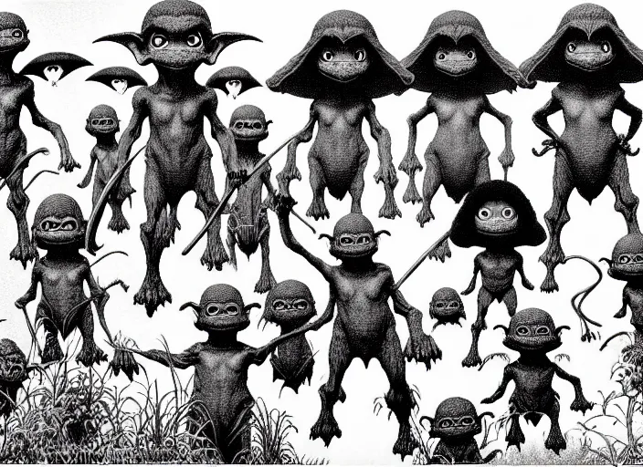 Image similar to black and white simple ms paint doodle of group portrait of anthropomorphic wide - angle group portrait of grey cute mr bean goblins looking funny, art by artgerm, bob eggleton, michael whelan, stephen hickman, richard corben, wayne barlowe, and greg rutkowski and alphonse mucha,