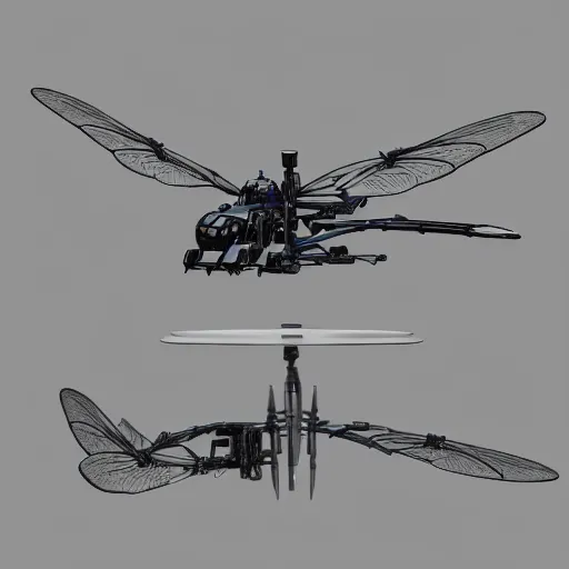 Image similar to a mechanized dragonfly with wings spread out, landing gear for legs orthographic view, top down view, bottom view, side view, blueprints, apache chopper, mecha, helicopter, space shuttle, robotic, highly detailed, artstation, super realistic, unreal engine