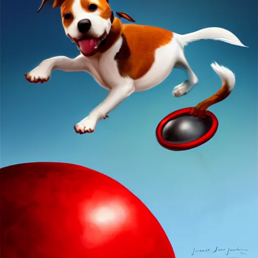 Image similar to adorable jack russel terrier jumping over a red exercise ball, fantasy art, artstation character design contest winner, trending on cgsociety, concept art, speedpaint, beautiful digital art, jesper ejsing, james jean, justin gerard, fenghua zhong, makoto shinkai, highly detailed