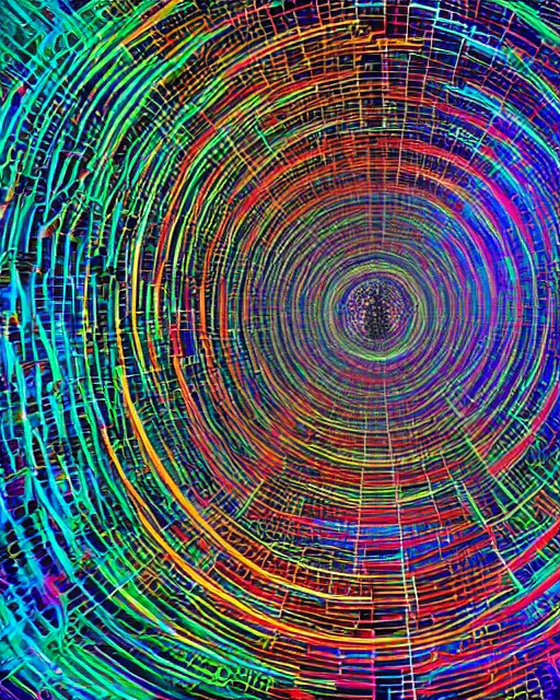 Image similar to intricate maze of rainbow-colored circuitry that extends into the distance. volumetric light , Highly detailed perfectly symmetrical , PBR , high detail,8k resolution , hyper quality , high resolution , hyper quality , high resolution , Octane render , IMAX 3D