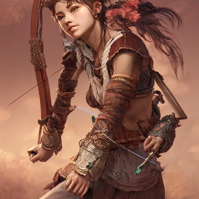 Image similar to the portrait of lawful neutral semi - colorful female archer huntress as absurdly beautiful, gorgeous, elegant, young girl, an ultrafine hyperdetailed illustration by kim jung gi, irakli nadar, intricate linework, bright colors, octopath traveler, final fantasy, unreal engine 5 highly rendered, global illumination, radiant light, detailed and intricate environment