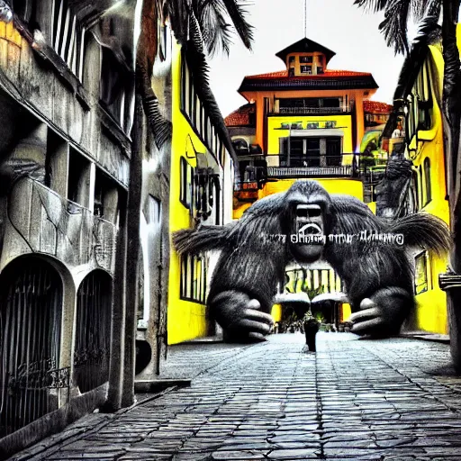 Prompt: king kong walking in funchal's city bay near the streets and sea, trampled, cinematic shot, realistic, hdr, color, wide shot, gigantic