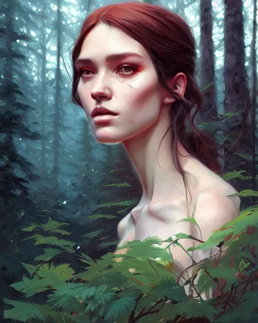 Image similar to stylized portrait of an artistic pose, composition, old forest witch surrounded by nature, realistic shaded, fine details, realistic shaded lighting poster by ilya kuvshinov, magali villeneuve, artgerm, jeremy lipkin and michael garmash and rob rey