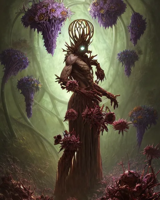 Image similar to the platonic ideal of flowers, rotting, insects and praying of cletus kasady carnage thanos davinci nazgul wild hunt chtulu mandelbulb ponyo heavy rain bioshock, d & d, fantasy, ego death, decay, dmt, psilocybin, concept art by randy vargas and greg rutkowski and ruan jia and alphonse mucha