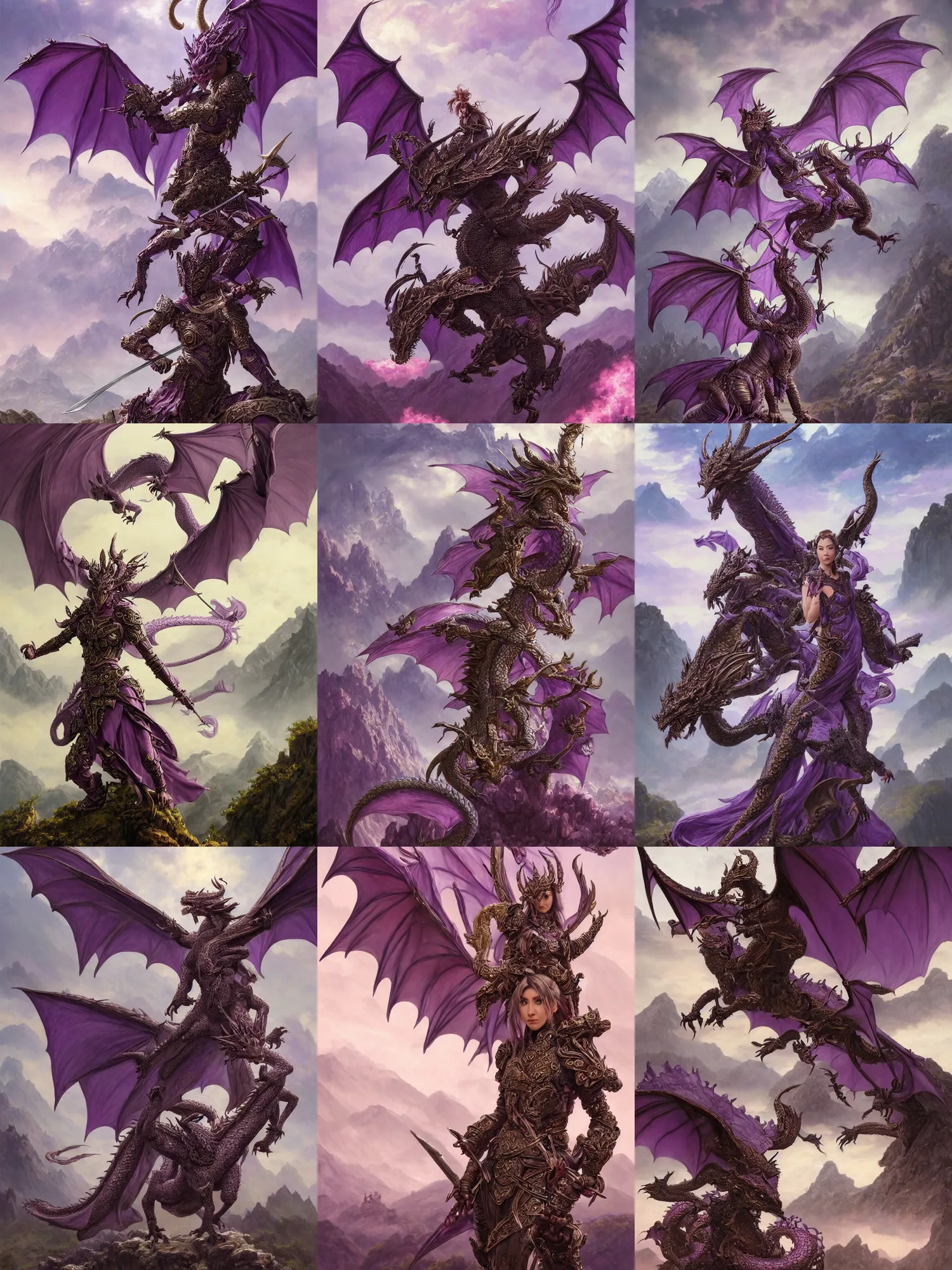 Prompt: full portrait of a beautiful dragon master, female, intricate purple armor, dragon - themed, sprouting wings, dark brown skin, short pink hair, swords, battle pose, background filled with mountains and flying drakes, epic, highly detailed, extremely detailed face, high fantasy, digital painting, by artgerm and greg rutkowski and alphonse mucha, artstation