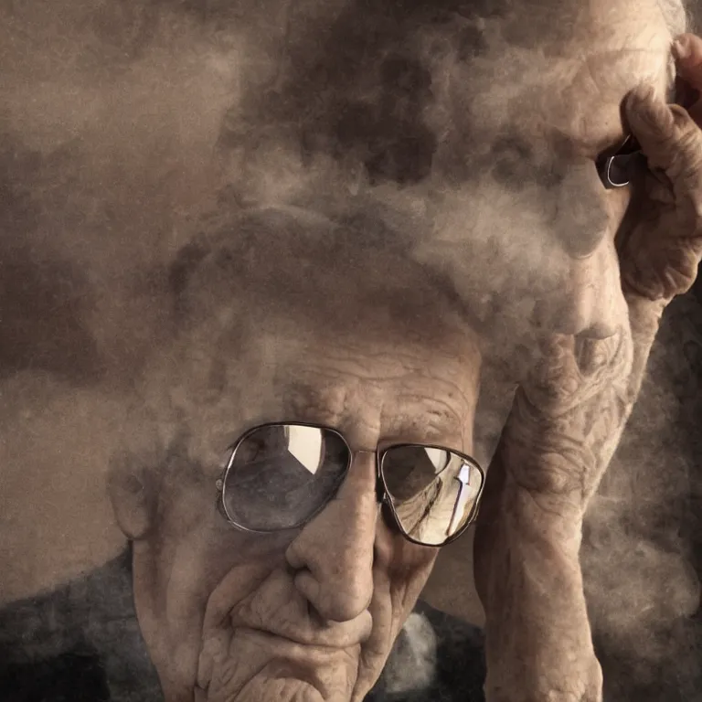 Prompt: octane render portrait by wayne barlow and carlo crivelli and glenn fabry, an old wrinkled man with slicked back hair and vintage sunglasses wearing a big thick tie - dye turtleneck sweater and a silver iridescent suit jacket inside a parisian cafe, dramatic lighting, fog and mist, cinema 4 d, ray traced lighting, very short depth of field, bokeh