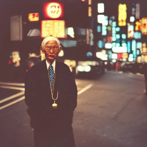 Prompt: portrait, old man in tokyo at night, wearing gold chain, gold rings, cinestill 8 0 0,