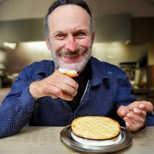 Prompt: a man is happy by siting on a camembert