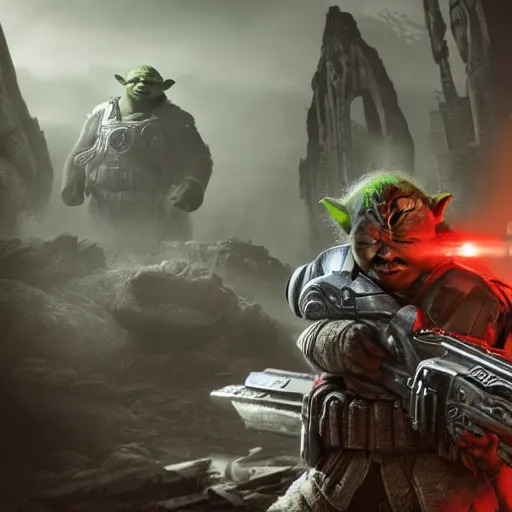 Image similar to Yoda in gears of war, splash art, movie still, detailed face, cinematic lighting, dramatic, octane render, long lens, shallow depth of field, bokeh, anamorphic lens flare, 8k, hyper detailed, 35mm film grain