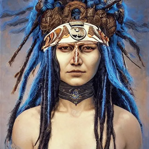 Image similar to A young blindfolded shaman woman with a decorated headband, in the style of heilung, blue hair dreadlocks and wood on her head., made by karol bak