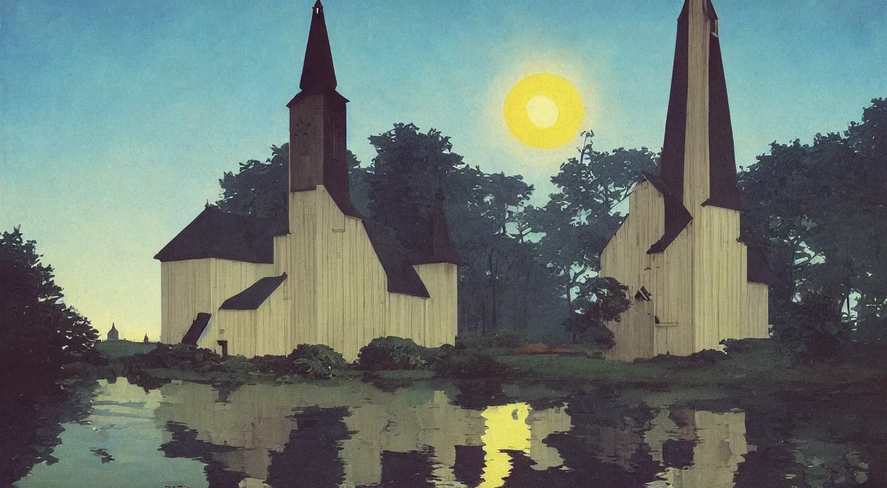 Image similar to single flooded simple wooden church tower, very coherent and colorful high contrast!! masterpiece by rene magritte simon stalenhag carl spitzweg syd mead norman rockwell edward hopper james gilleard, minimalist, dark shadows, sunny day, hard lighting