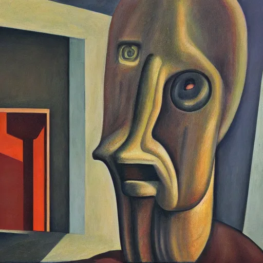 Image similar to brutalist giant unfeeling robot visage, portrait, atrium, rotunda, dystopian, pj crook, edward hopper, oil on canvas