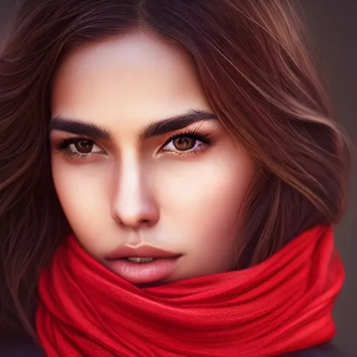 Prompt: a beautiful latina female photo, wearing red scarf around her neck. professionally retouched, soft lighting, realistic, smooth face, perfect eyes, wide angle, sharp focus on eyes, 8 k high definition, insanely detailed, intricate, elegant, art by artgerm and wlop