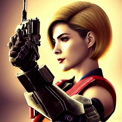 Image similar to A combination of Ada Wong's and Grace Kelly's and Ashley Greene's appearances with blonde hair wearing Master Chief's armor from Halo, high tech, action shot, angular, CGI, full body portrait, futuristic, dramatic, fantasy, intricate, elegant, highly detailed, digital painting, artstation, concept art, matte, sharp focus, illustration, art by Donato Giancola and James Gurney