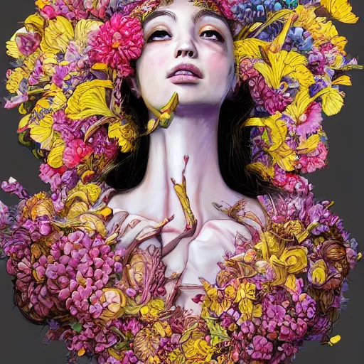 Prompt: the portrait of an absurdly beautiful, graceful, elegant, chaste, young woman made of petals and bananas looking up, an ultrafine detailed illustration by kim jung gi, irakli nadar, intricate linework, bright colors, octopath traveler, final fantasy, angular, unreal engine 5 highly rendered, global illumination, radiant light, detailed and intricate environment