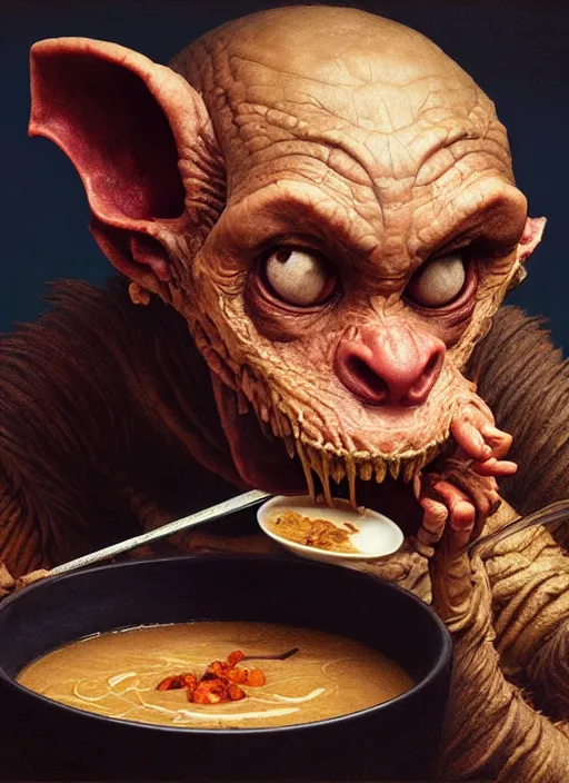 Image similar to highly detailed closeup portrait of a medieval goblin eating soup, stephen bliss, unreal engine, greg rutkowski, ilya kuvshinov, ross draws, hyung tae and frank frazetta, tom bagshaw, tom whalen, nicoletta ceccoli, mark ryden, earl norem, global illumination, god rays, detailed and intricate environment