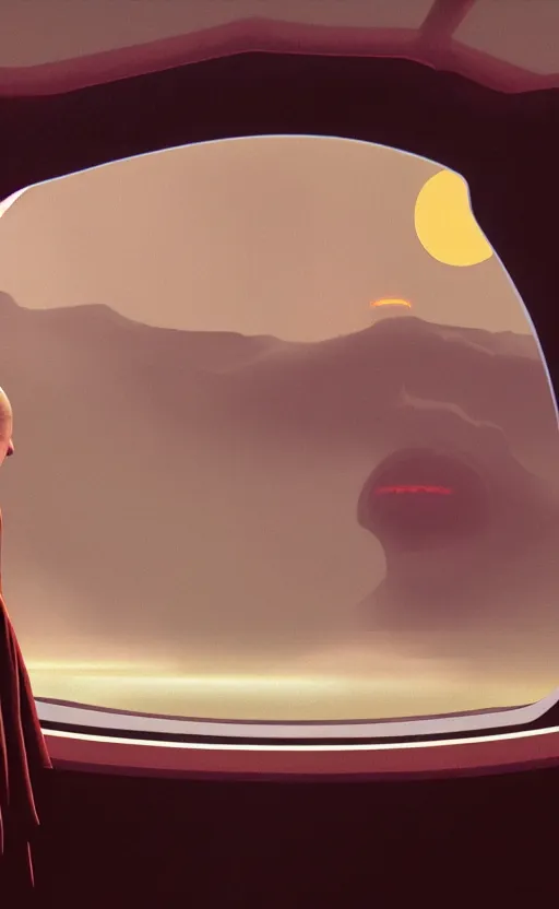 Image similar to portrait of a blind monk in a spaceship, looking out the window at a planet, orange robe, dramatic lighting, artstation, matte painting, ralph mcquarrie