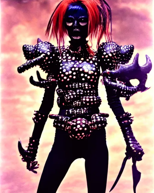 Image similar to portrait of a skinny punk goth yayoi kusama wearing armor by simon bisley, john blance, frank frazetta, fantasy, thief warrior, colorful cats