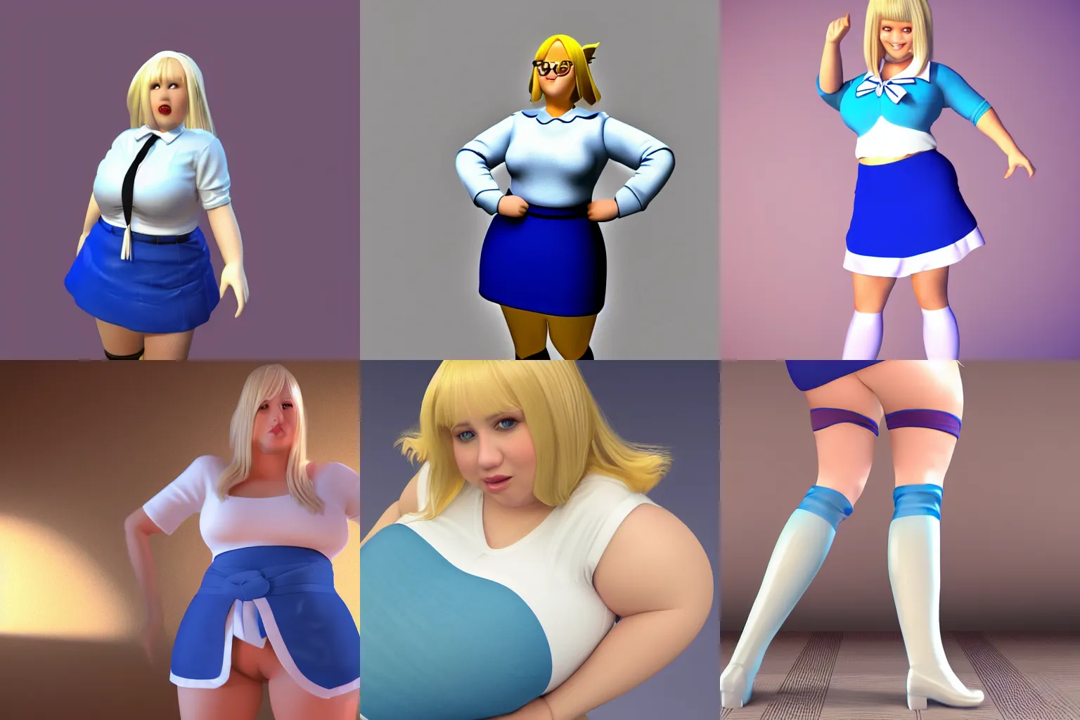 Prompt: a fat blond girl in a blue skirt with white thigh high socks, 3d rendered character