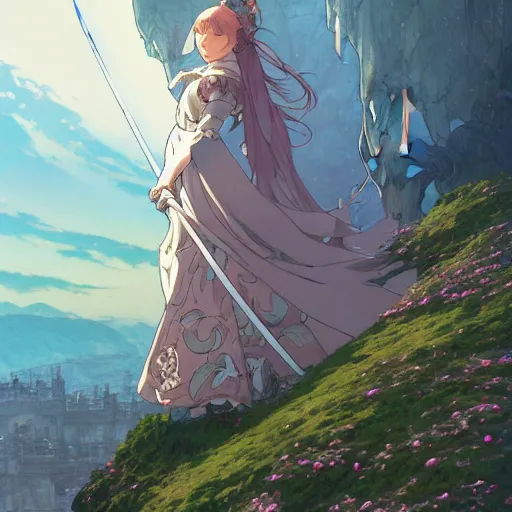 Image similar to the knight and the sword of rose petal, anime, castle core, mountains, rocky roads. by hayao miyazaki and rossdraws and artgerm and greg rutkowski and alphonse mucha and studio ghibli and ilya kuvshinov. high quality, stunning, intricate detailed environment. 8 k