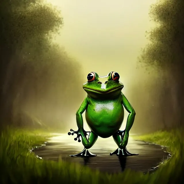 Prompt: epic professional digital portrait art of a smiling anthropomorphic frog on a morning stroll along the misty moors, best on artstation, cgsociety, wlop, Behance, pixiv, astonishing, impressive, outstanding, epic, cinematic, stunning, gorgeous, concept artwork, much detail, much wow, masterpiece.