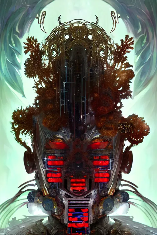 Image similar to asura from chinese myth, ghost, gorgeous and huge head ornaments, dystopian, cyberpunk, organic fractal mycelum and fungi, mecha, halfturn portrait of a big crystal face made of crystals half - turn, ominous, intricate, studio, art by anthony macbain + greg rutkowski + alphonse mucha, concept art, 4 k, sharp focus