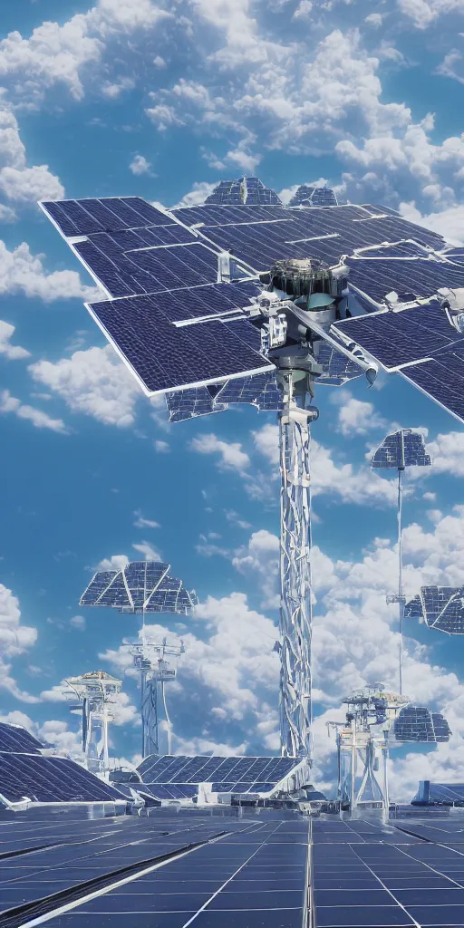 Image similar to concept art, solar power station in space, super large - scale solar power panel, earth orbit, energy collection and launch device, complex structure, high detail, octane rendering, unreal engine.