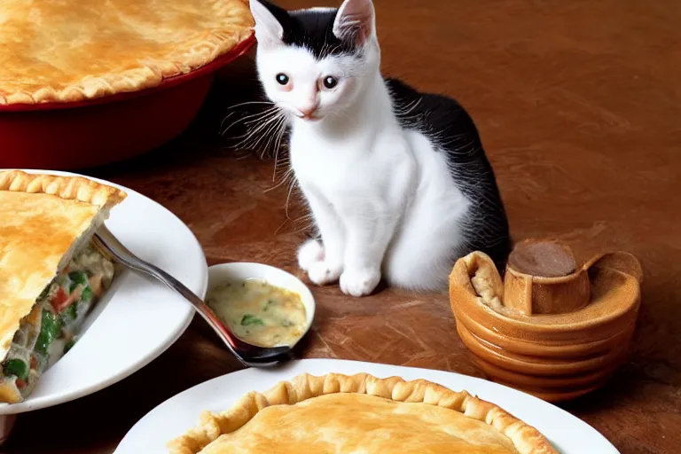 Image similar to a kitty eating a chicken pot pie, hyper realistic, photograph, cute