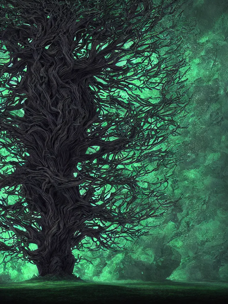 Prompt: Tree of life, Octane render, 8k texture, HD, Noah Bradley, otherworldly, realistic, 300 DPI, psychedelic black light style, Incredible Black and dark green Illustration, Exquisite and smooth detail, post processed