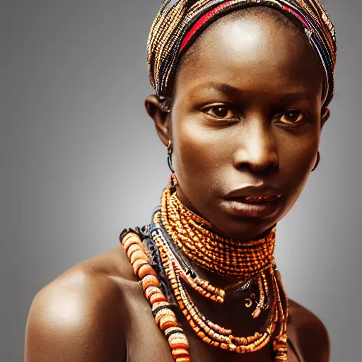 Image similar to vintage portrait of a stunningly beautiful west african tribal female, depth of field, zeiss lens, detailed, symmetrical, centered, fashion photoshoot, by edward s curtis, Annie Leibovitz and Steve McCurry, David Lazar, Jimmy Nelsson, Breathtaking, 8k resolution, extremely detailed, beautiful, establishing shot, artistic, hyperrealistic, beautiful face, octane render