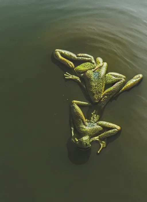 Prompt: semitranslucent smiling frog amphibian floating upside down over misty lake in Jesus Christ pose, cinematic shot by Andrei Tarkovsky, paranormal, spiritual, mystical