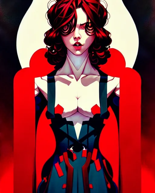 Image similar to artgerm, joshua middleton comic cover art, joanne calderwood, red dress, symmetrical eyes, symmetrical face, long curly black hair, dark castle background background, cinematic lighting