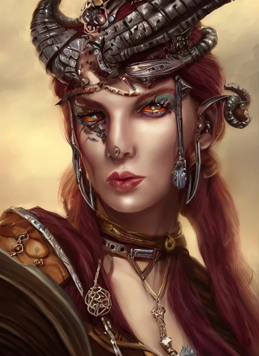Prompt: Tiefling Pirate Queen, beautiful detailed eyes, cute, fantasy, intricate, elegant, highly detailed, digital painting, 4k, HDR, concept art, detailed jewelry, smooth, sharp focus, illustration, by Fitzgerald